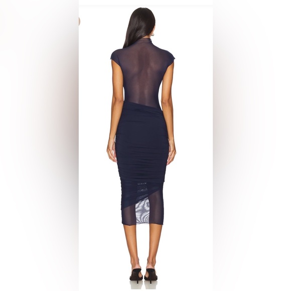 Seroya “Tabitha” Mesh Ruched Midi Dress – Navy – Size S- Retail $350 - Picture 4 of 5